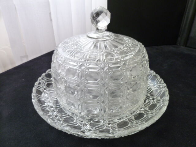 Antique cheese bell on its molded pressed glass tray