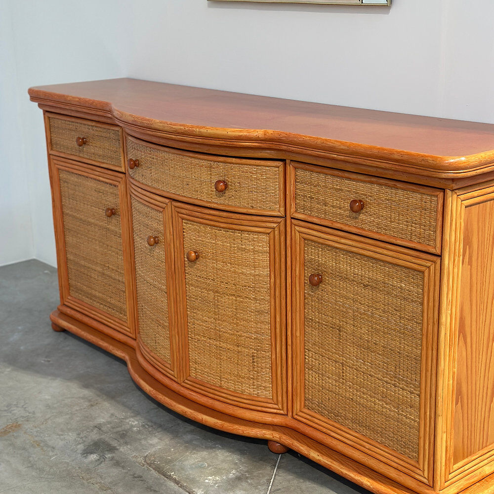 Vintage rattan & wood orange curved sideboard, 1980s