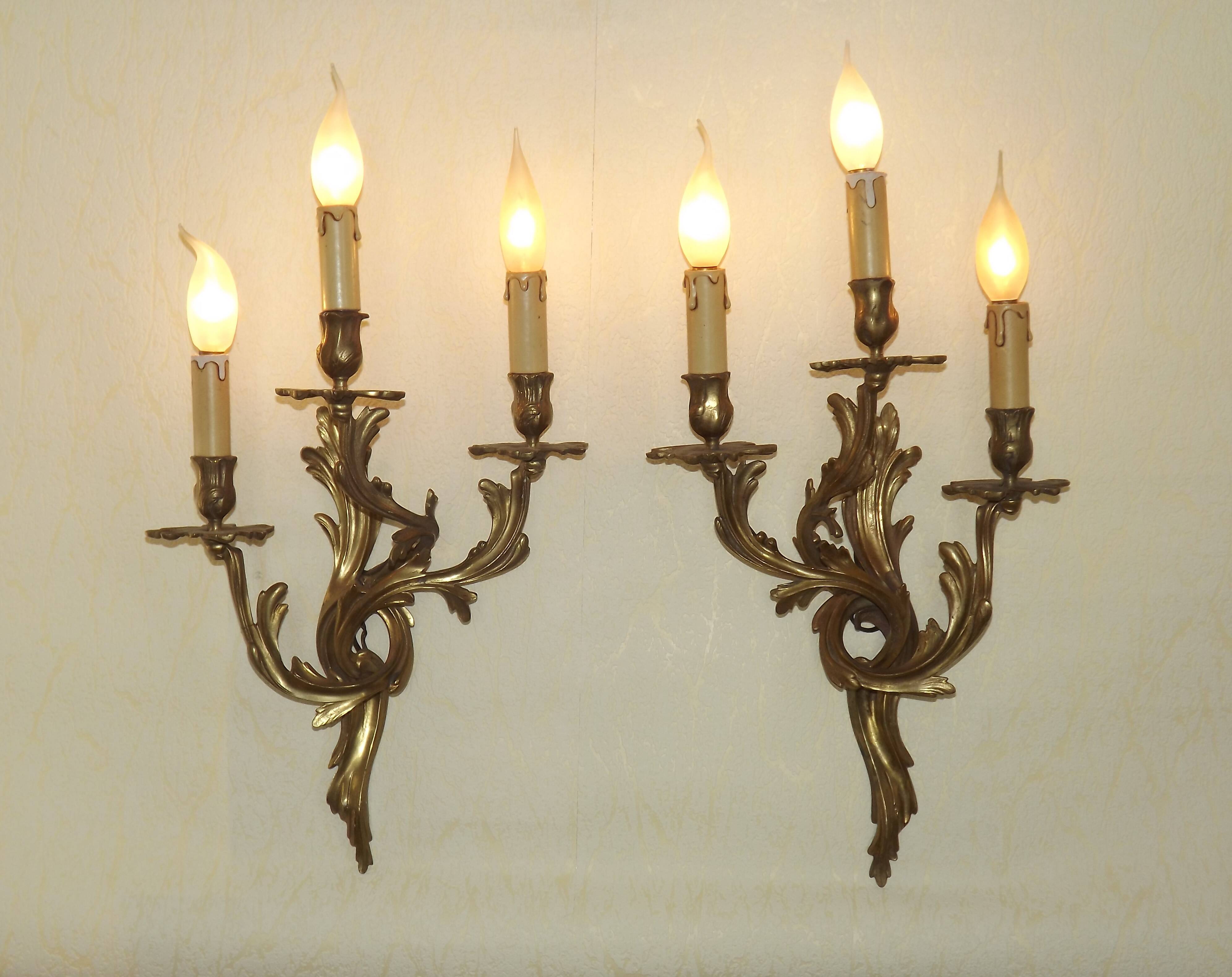 Very large pair of early 1900s 3-light acanthus leaf wall sconces 5209