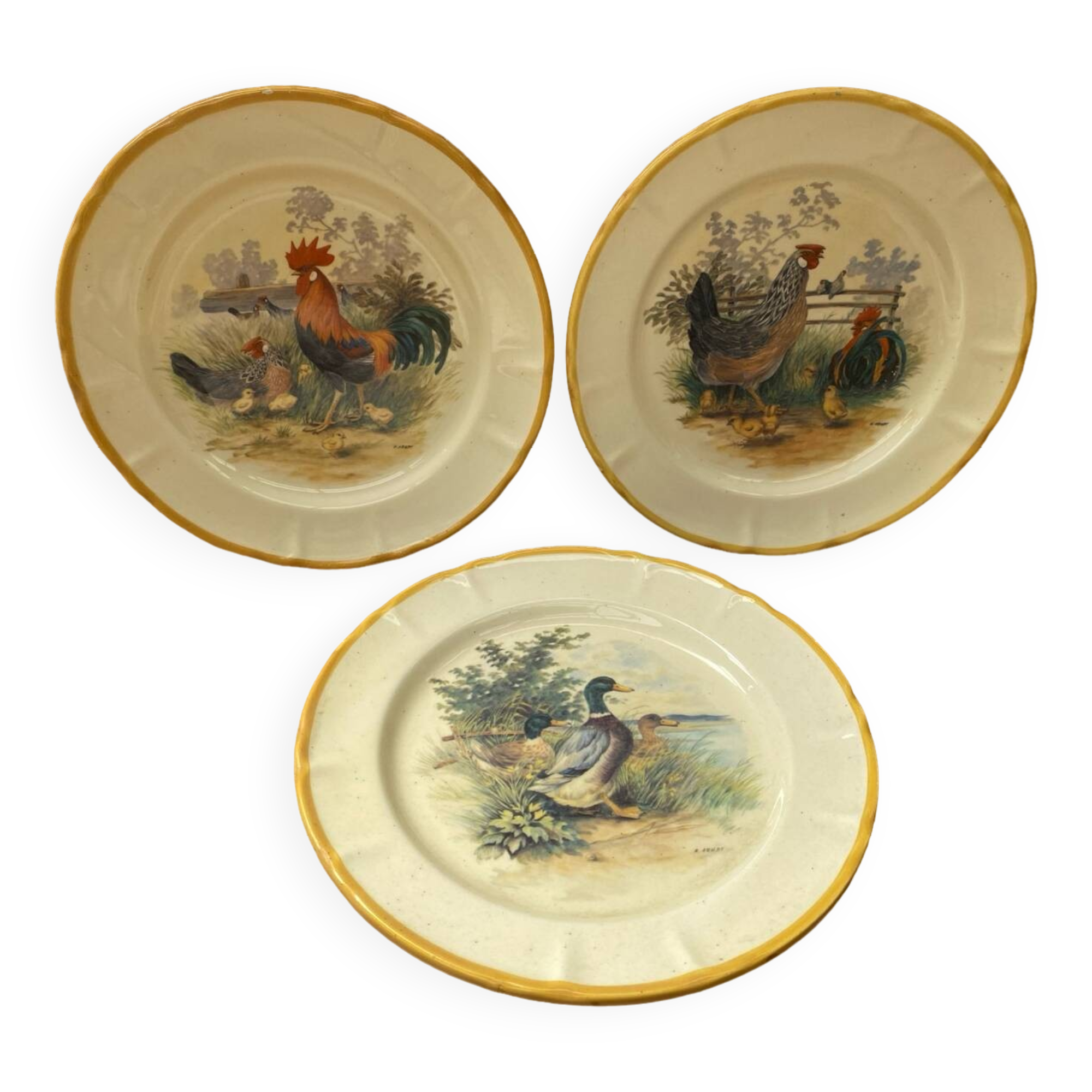 Set of 3 Old Ceramic Plates Decor H. ARNDT Rooster Hen & Duck #B188