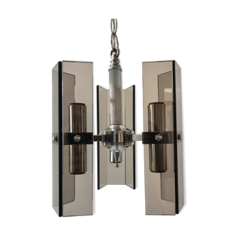 Suspension en métal chromé et verre fumé style futuriste années 70