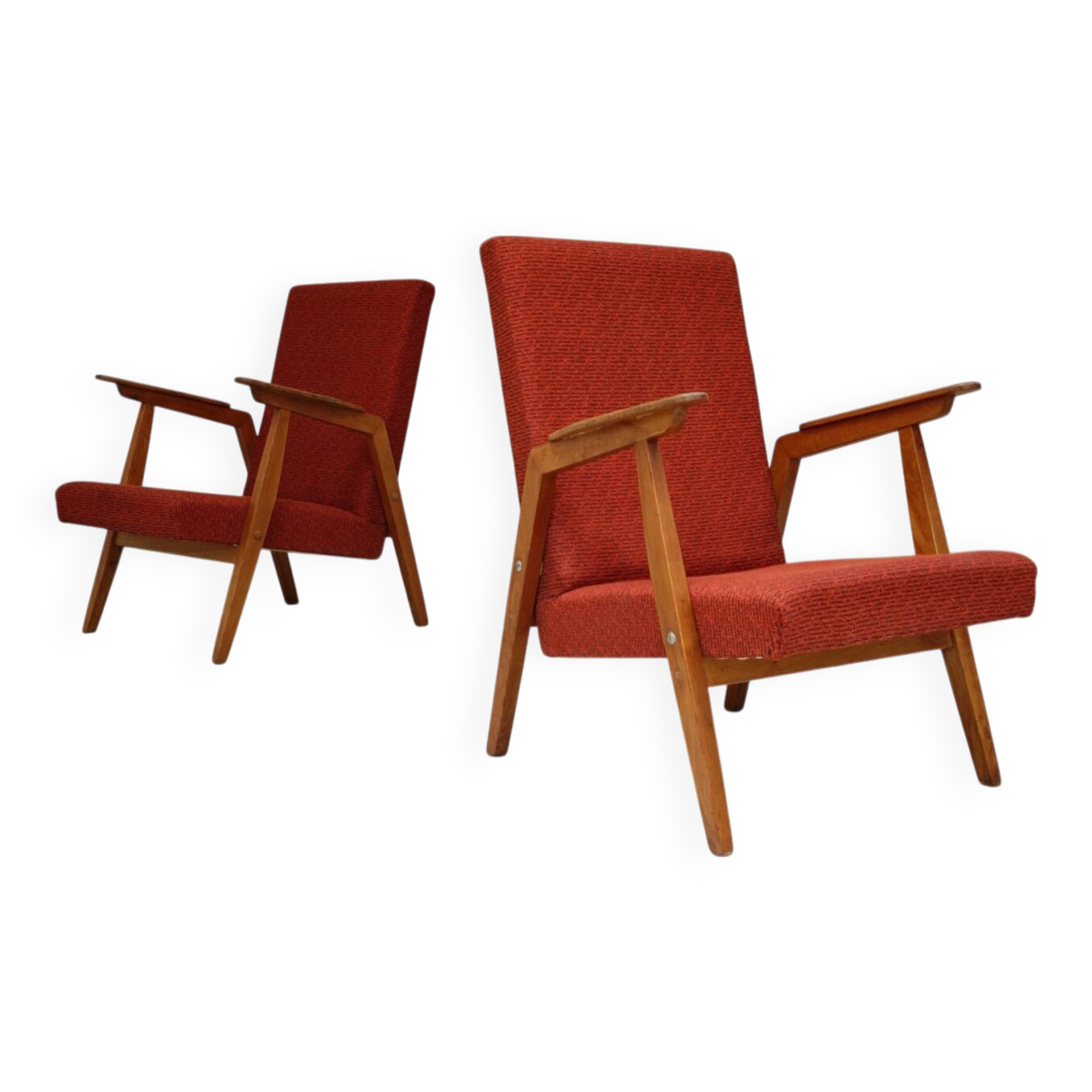 Pair of Uluv red Eastern Bloc armchairs, 1960s
