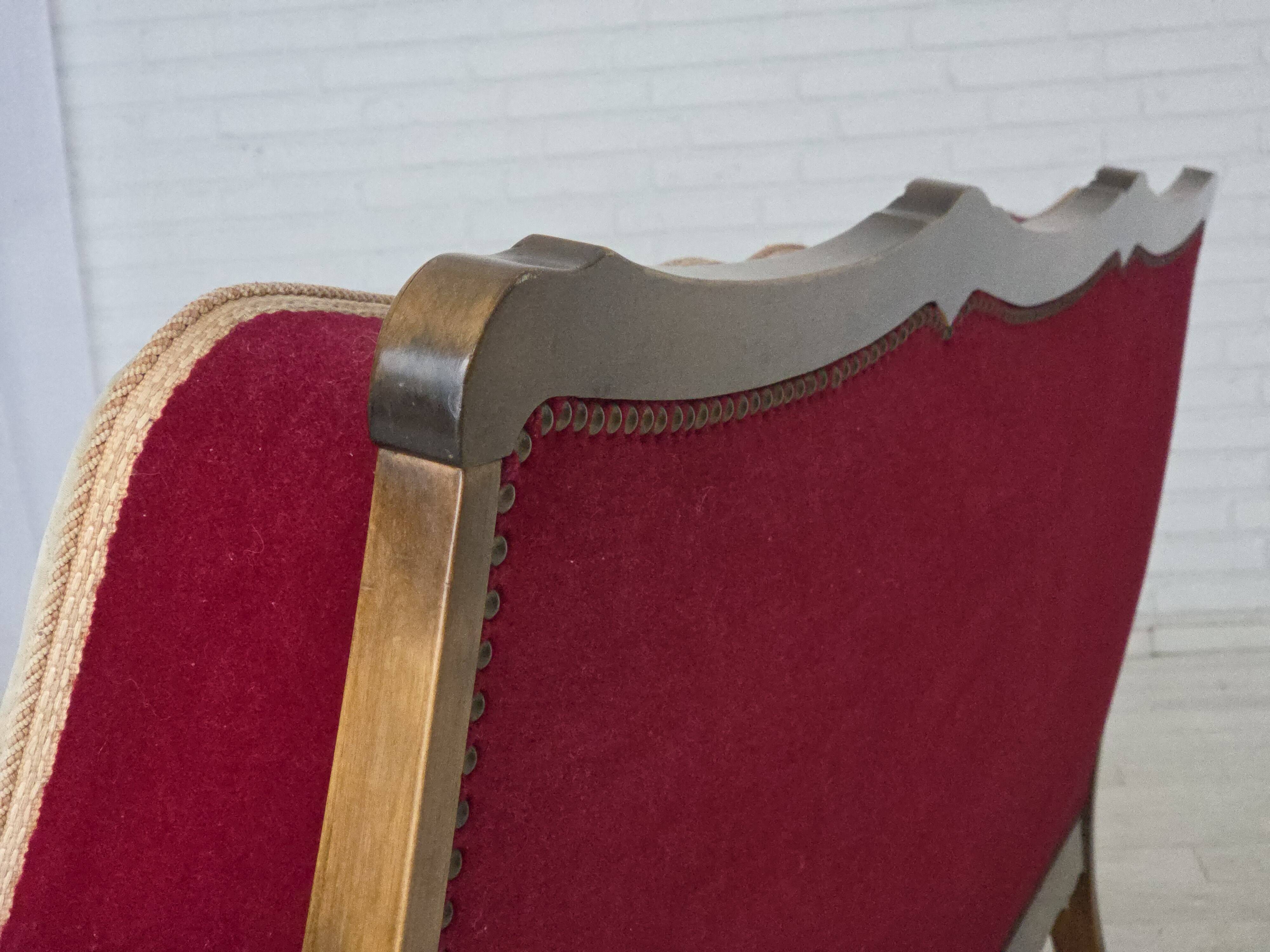 1930s, Danish 3-seater sofa, red furniture velour, furniture mesh.