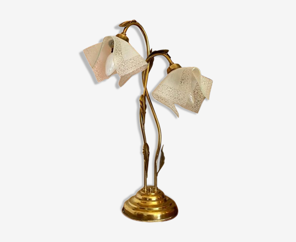 Lampe de table en métal doré et verre givré par Jean-Pierre Ryckaert,  collection "Louisiane" années | Selency