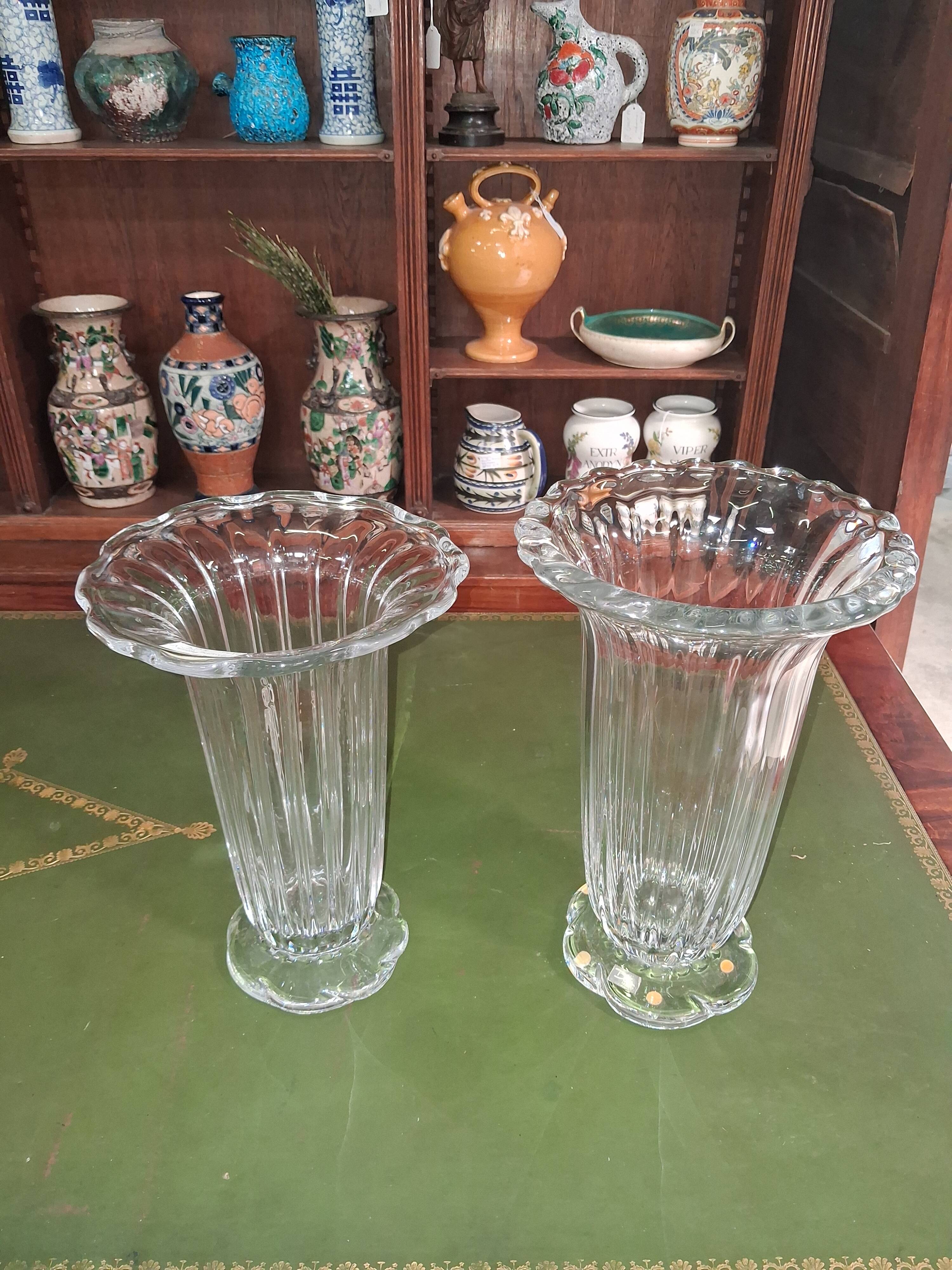 Pair of Daum France crystal cornets vases – Twisted ribbed model