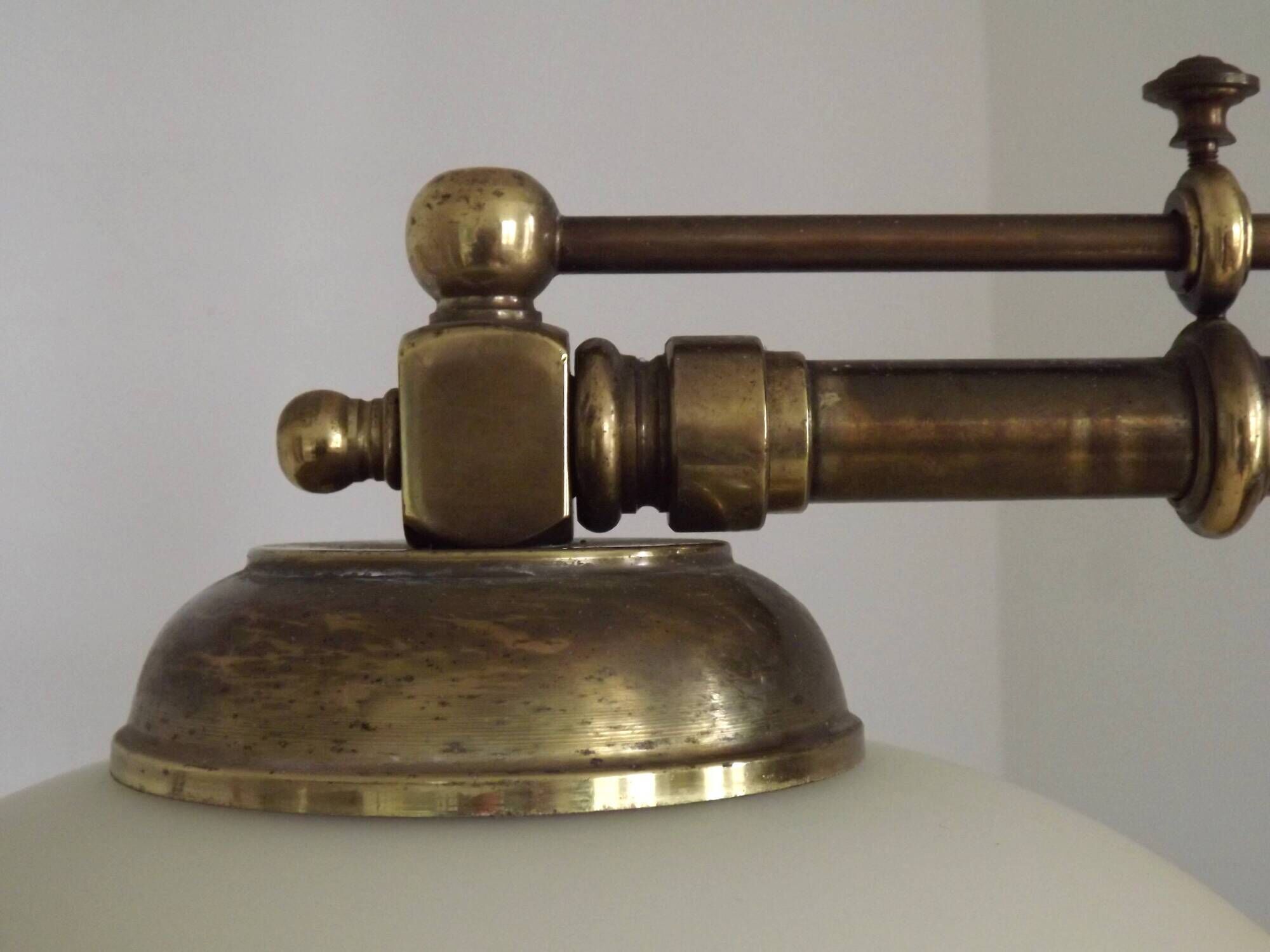 2 Light French Mid Century Extendable Billiard Light In Brass Wood & Glass