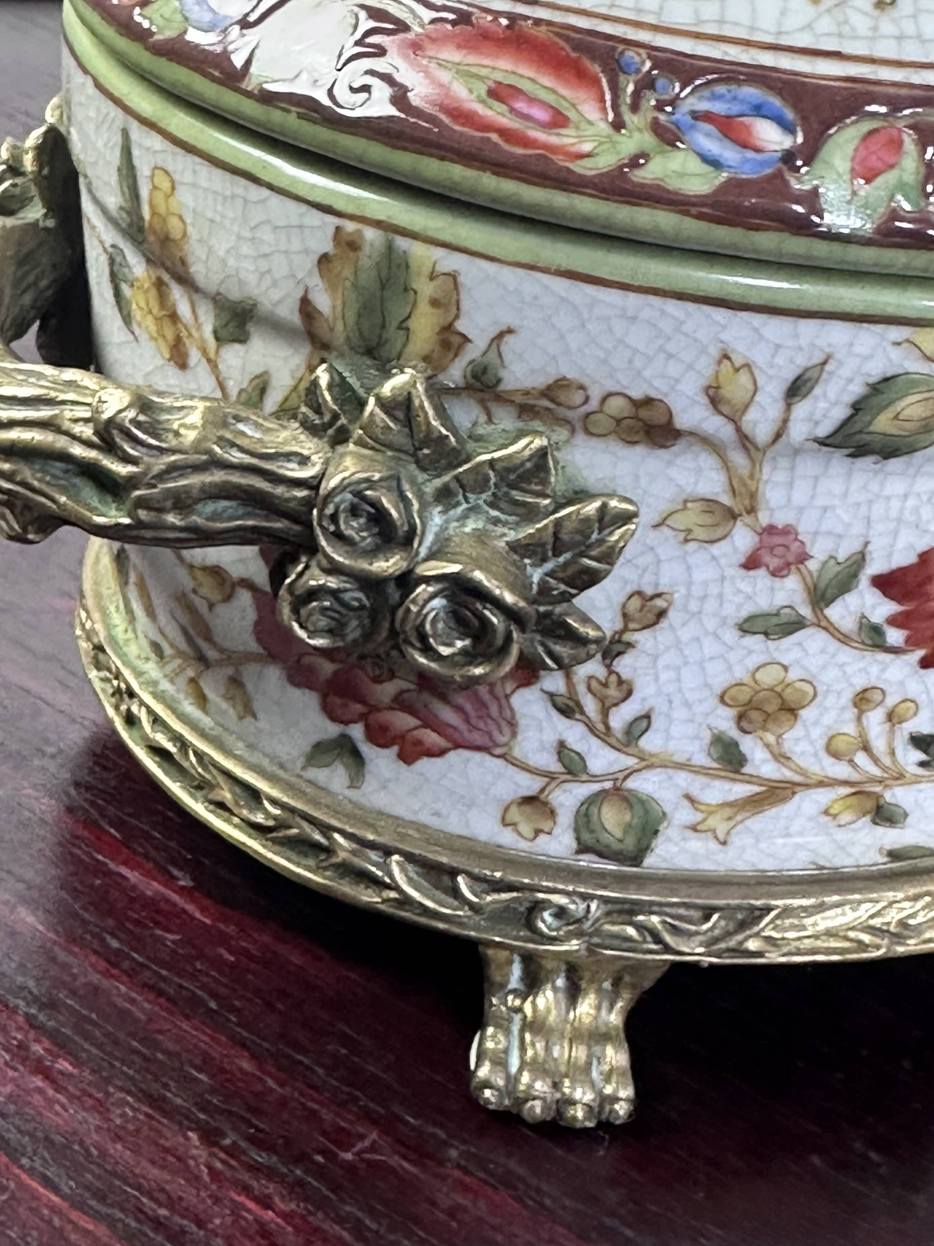 Louis XV style enamelled ceramic and bronze pot 22x16cm