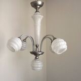 French Art Deco chandelier in silver-finished brass with 5 lights, Clichy white glass 4456.