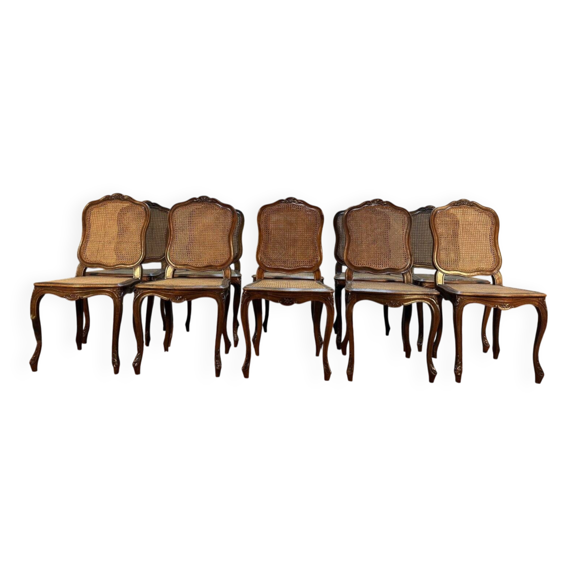Set of 10 Louis XV style chairs in walnut and cane.