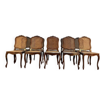 Set of 10 Louis XV style chairs in walnut and cane.
