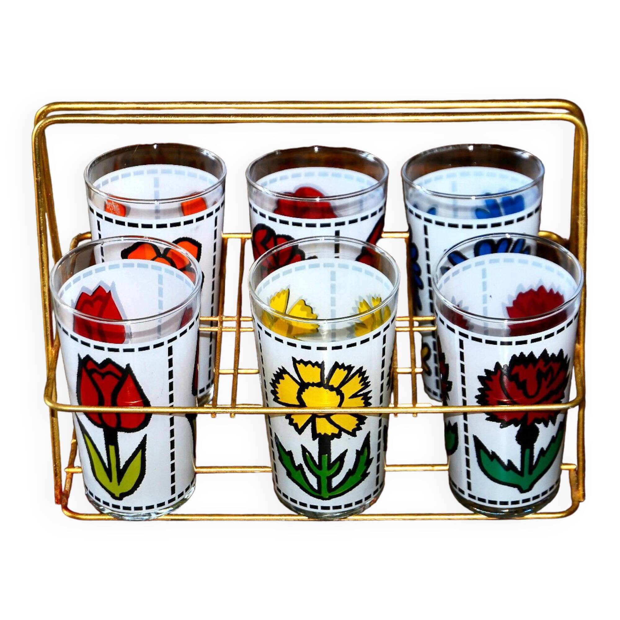 Orangeade service and golden metal basket, around 1950