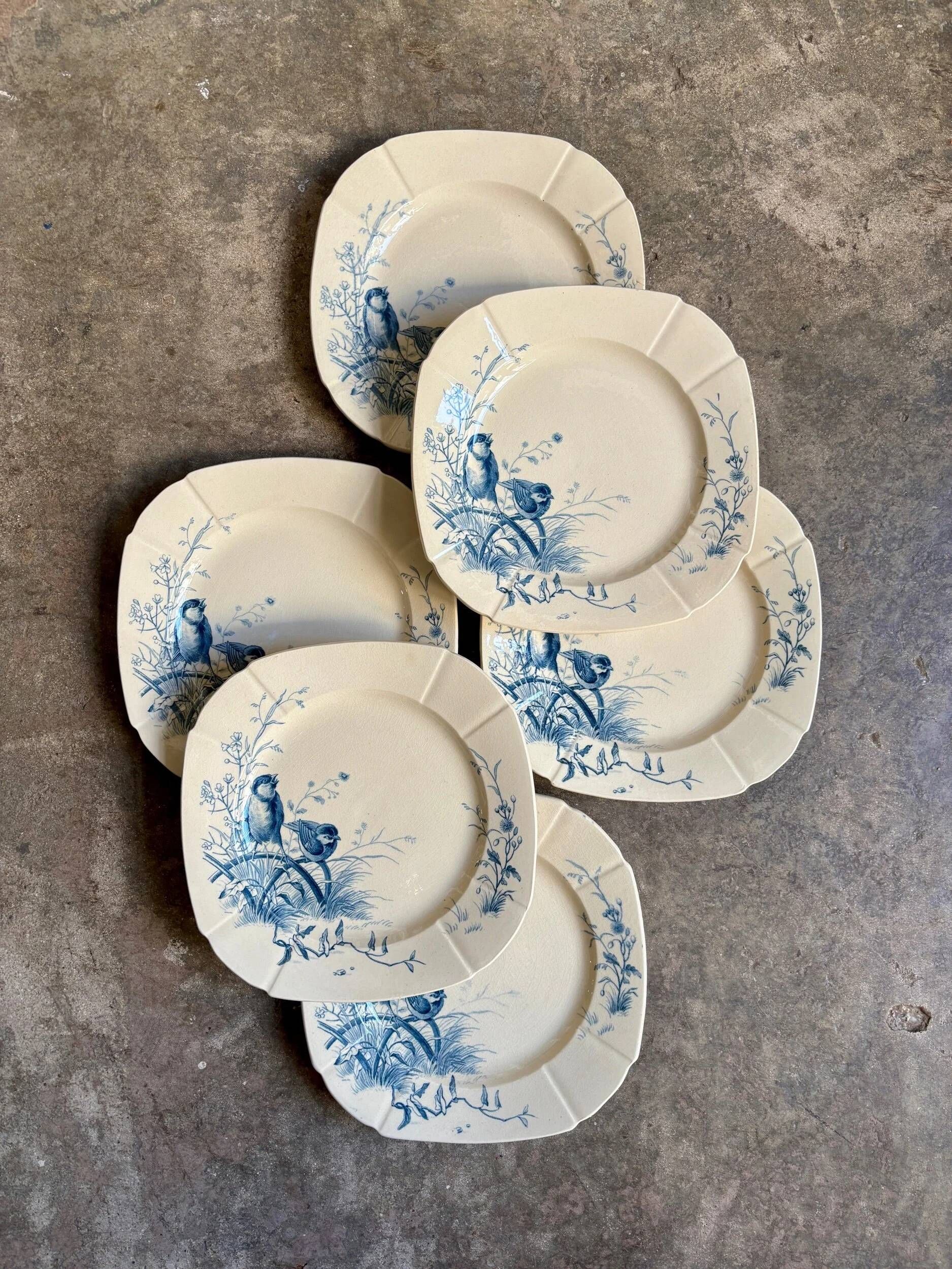 6 dessert plates Gien in blue ironstone, service "Birds" circa 1870 no. 3