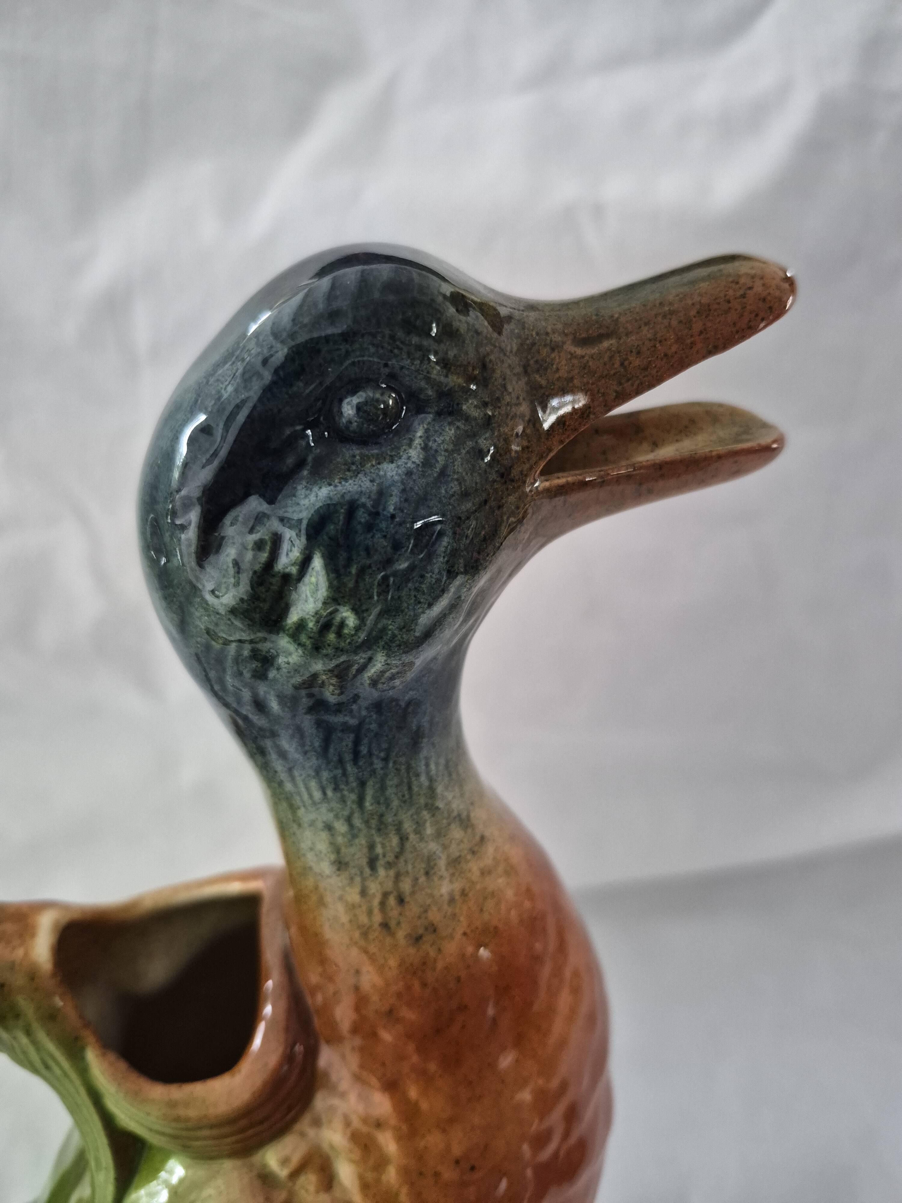 Old barbotine jug Saint Clément Mallard Duck A027