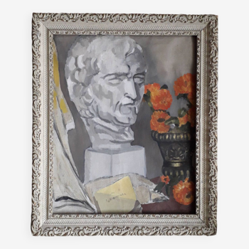 Old oil painting on canvas representing a still life with a bust