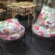 Paire de fauteuils Vintage en fer forgé avec coussins a motifs tropicaux