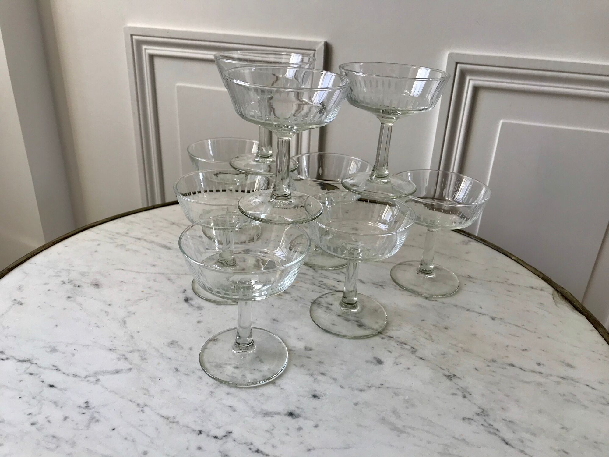 Lot de 10 coupes à champagne en verre cristallin années 50-60