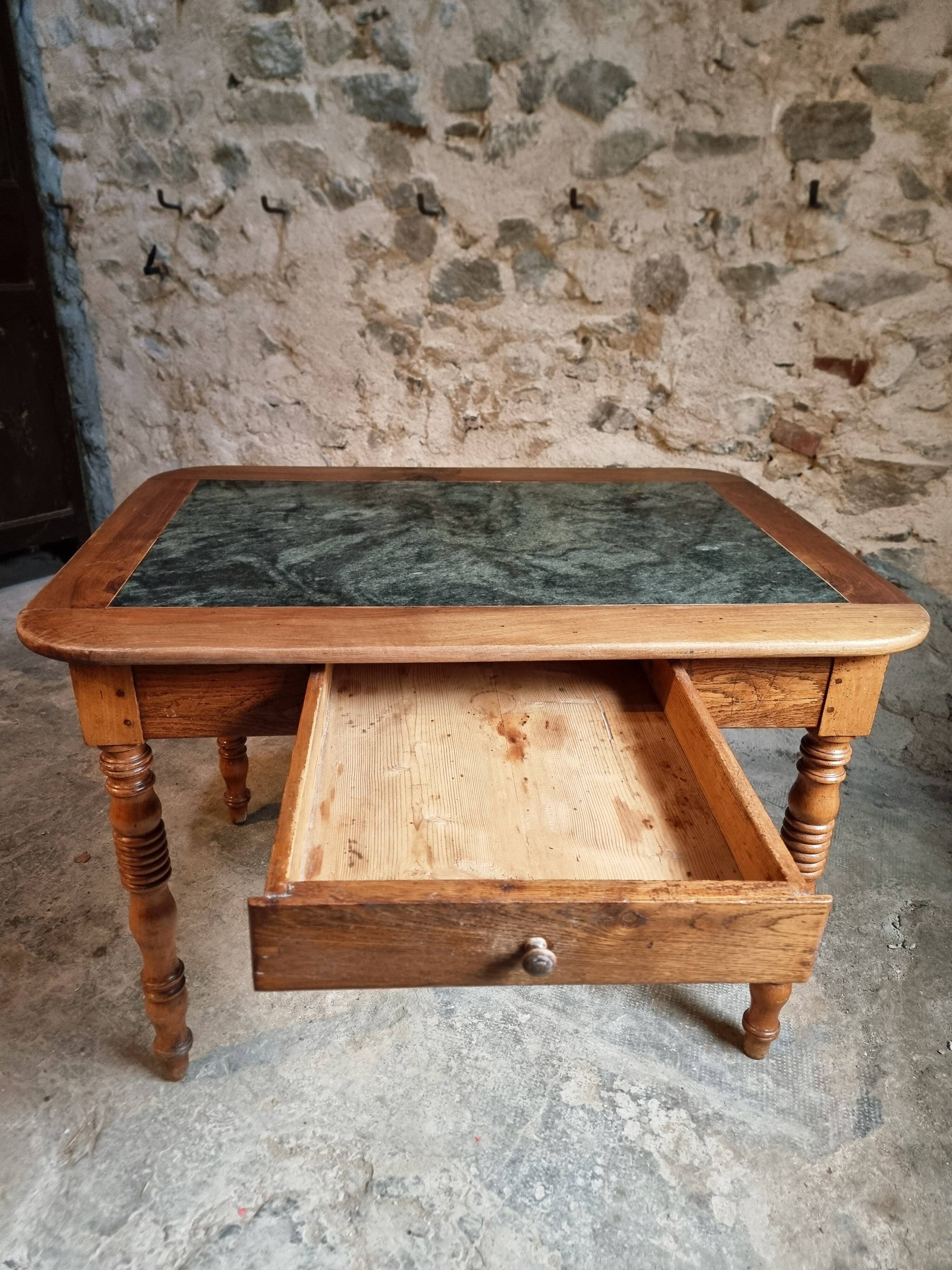 French vintage dining/desk table – oak and walnut – marble top – 1960s writing table with drawer