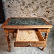 French vintage dining/desk table – oak and walnut – marble top – 1960s writing table with drawer