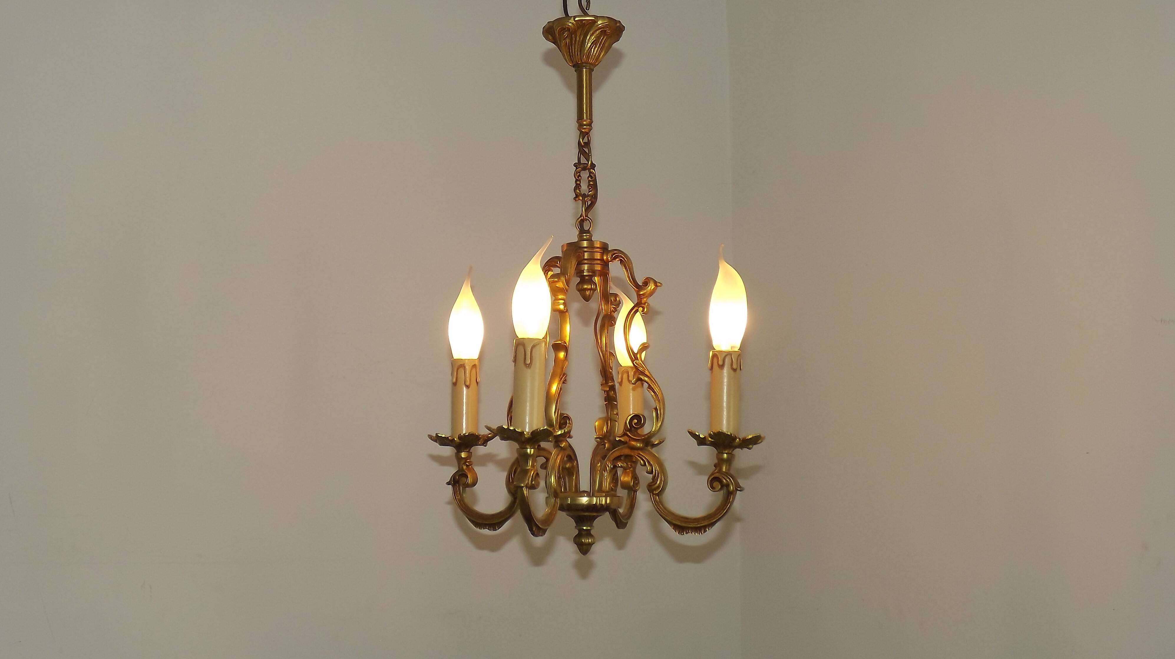 French Vintage Bronze Art Nouveau Style 4 Light 4 Sided Cage Chandelier