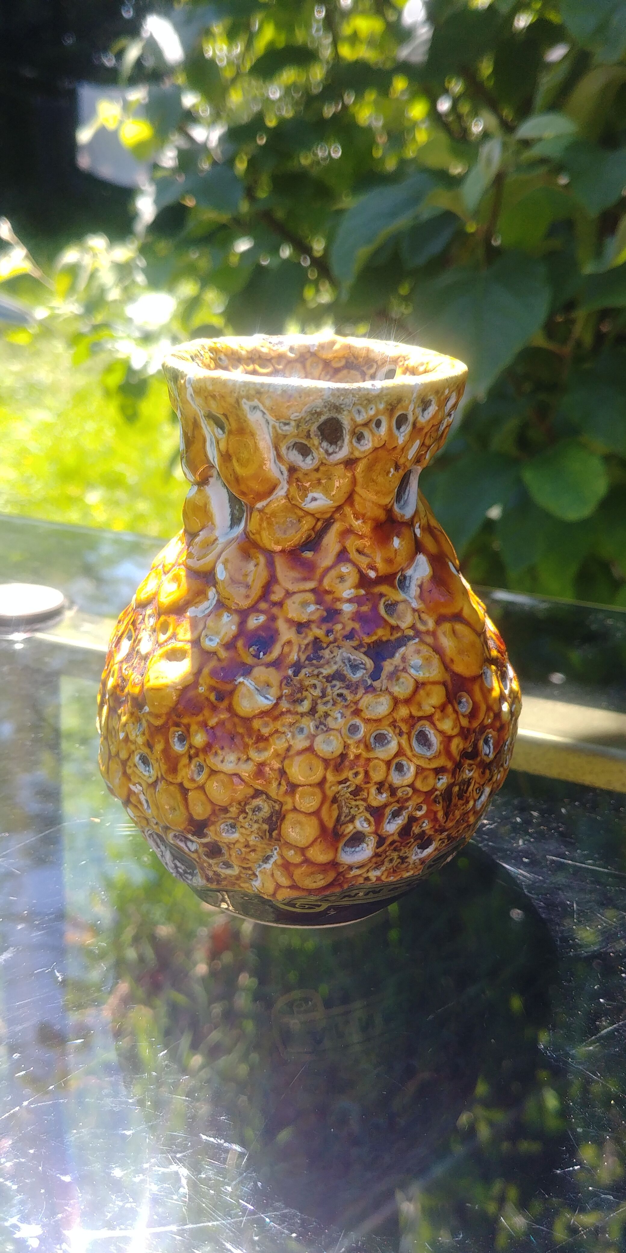 Small yellow ceramic vase Emaux Savoyards Vintage Fat Lava model Cyclops exojet