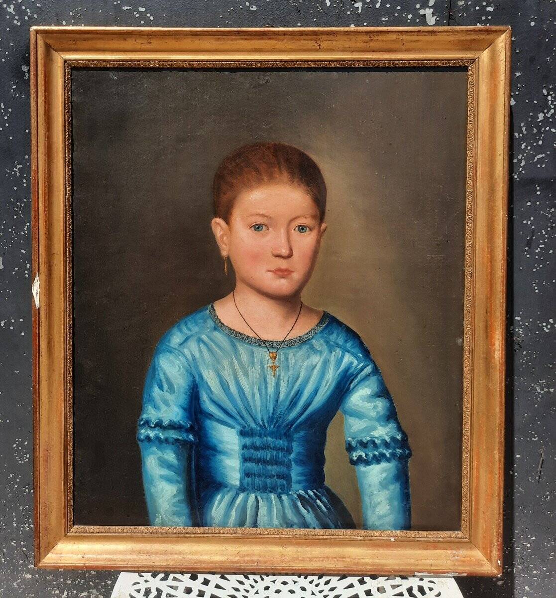 Peinture à l'huile de portrait victorien de la fin du XIXe siècle représentant une jeune fille, encadrée