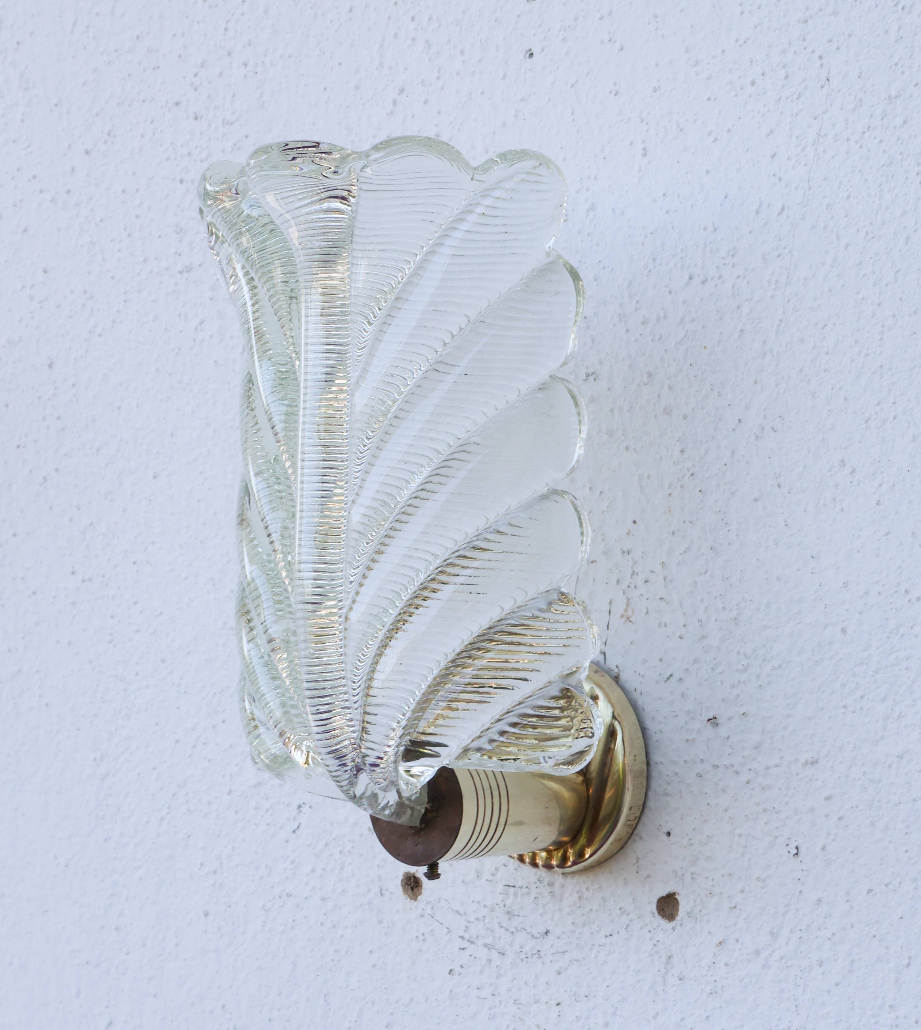 Art Decò Wall light Trasparent Murano Glass Leave by Barovier e Toso, 1950s