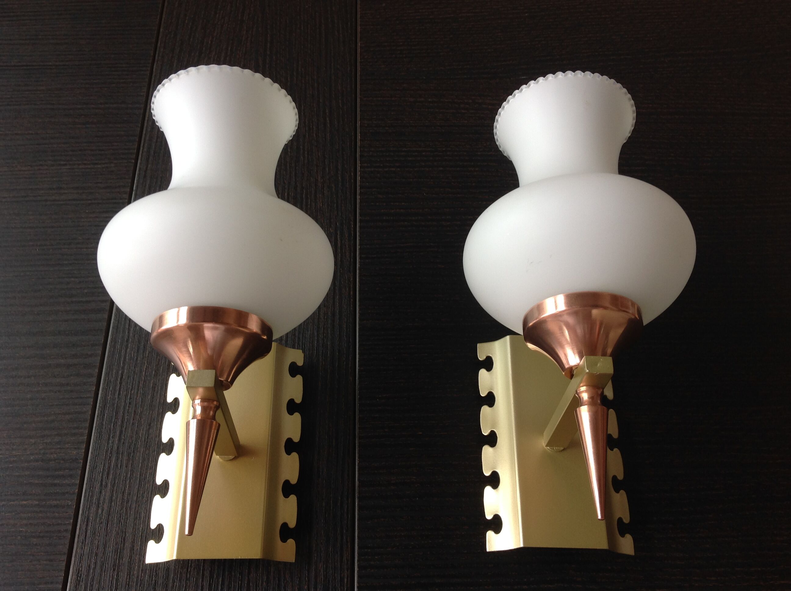 Pair of red copper and white opaline sconces 60s-70s
