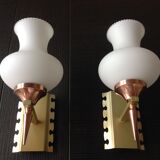 Pair of red copper and white opaline sconces 60s-70s