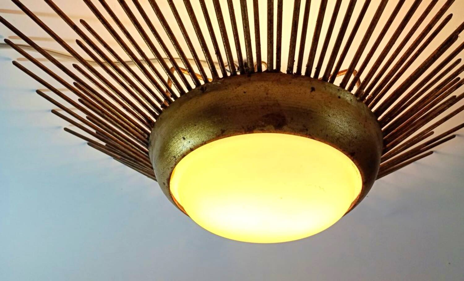 Golden sunburst metal glass pendant chandelier, 1960