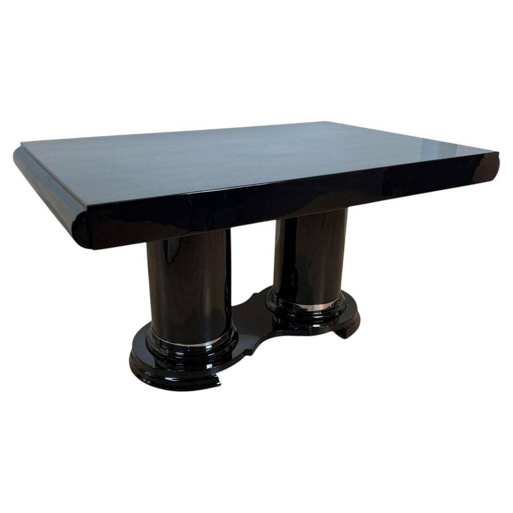 Art Deco dining table in black piano lacquer & metal, 1930