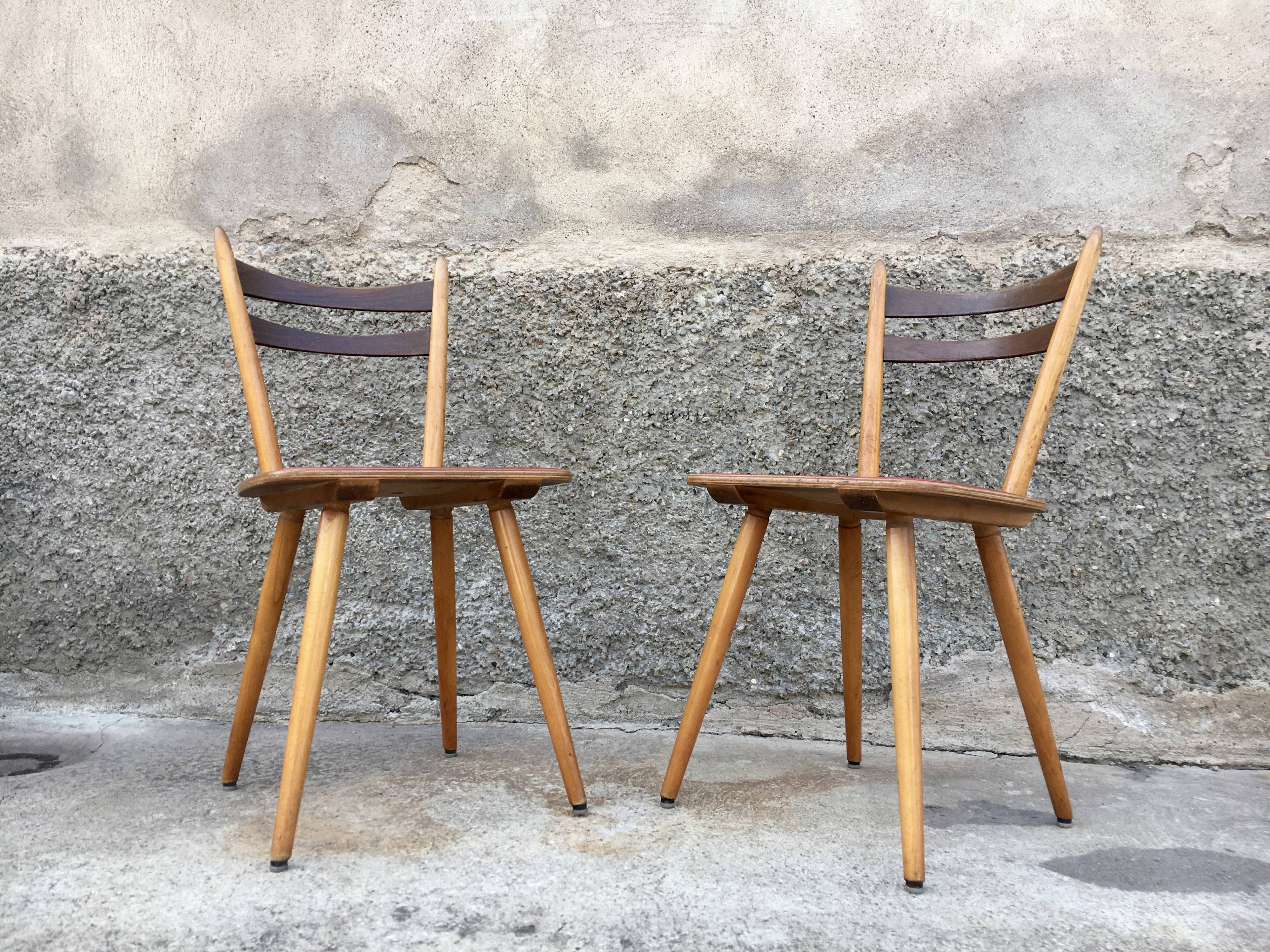 Pair of bistro and bohemian beech chairs, compass feet 1950