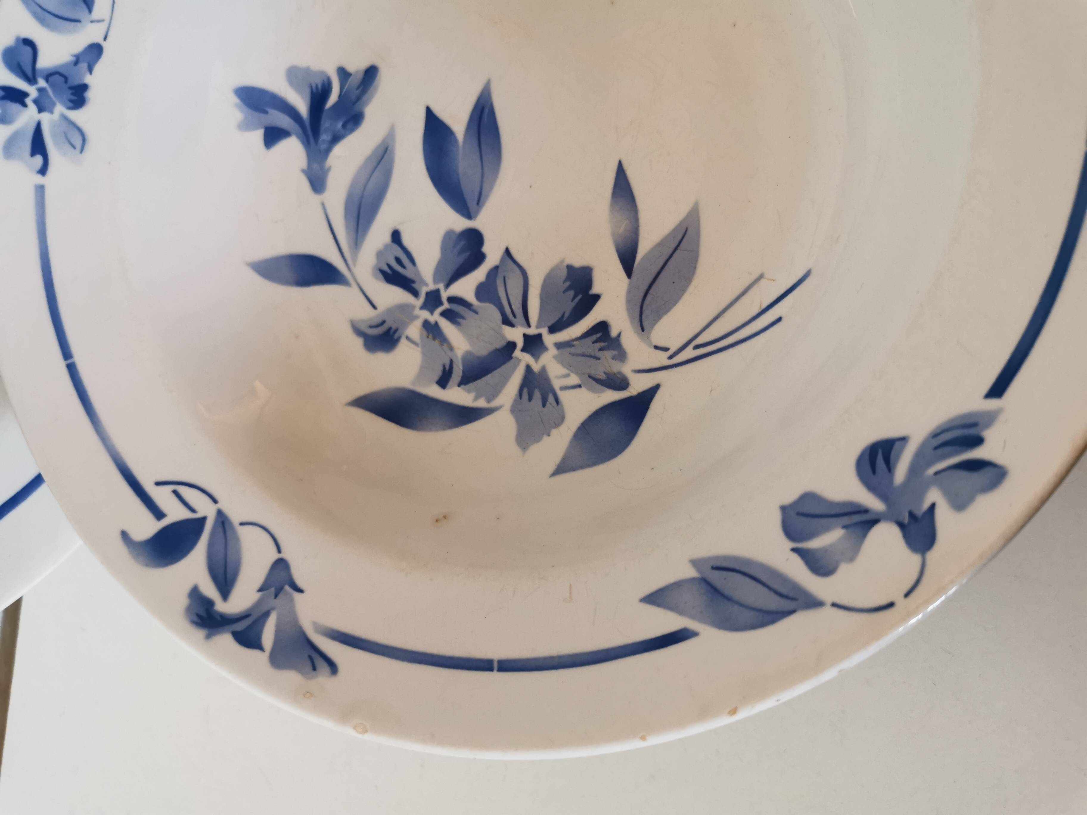 set of 5 Creil et Montereau soup plates, blue flower pattern