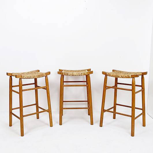 Set of 3 bar stools in Oak and Rush woven seat