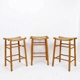 Set of 3 bar stools in Oak and Rush woven seat
