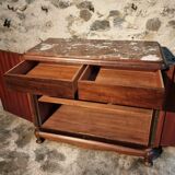Buffet art déco français en noyer et acajou avec plateau en marbre, fin des années 1920