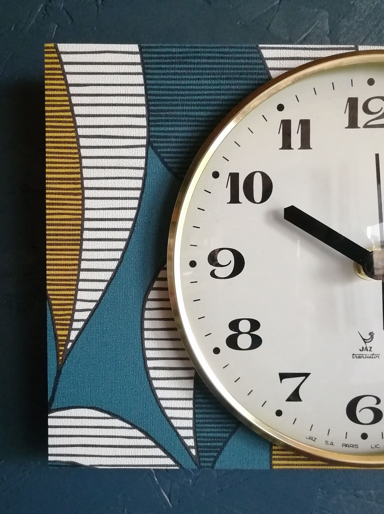 Vintage clock rectangular silent wall clock "Jaz blue white ochre"