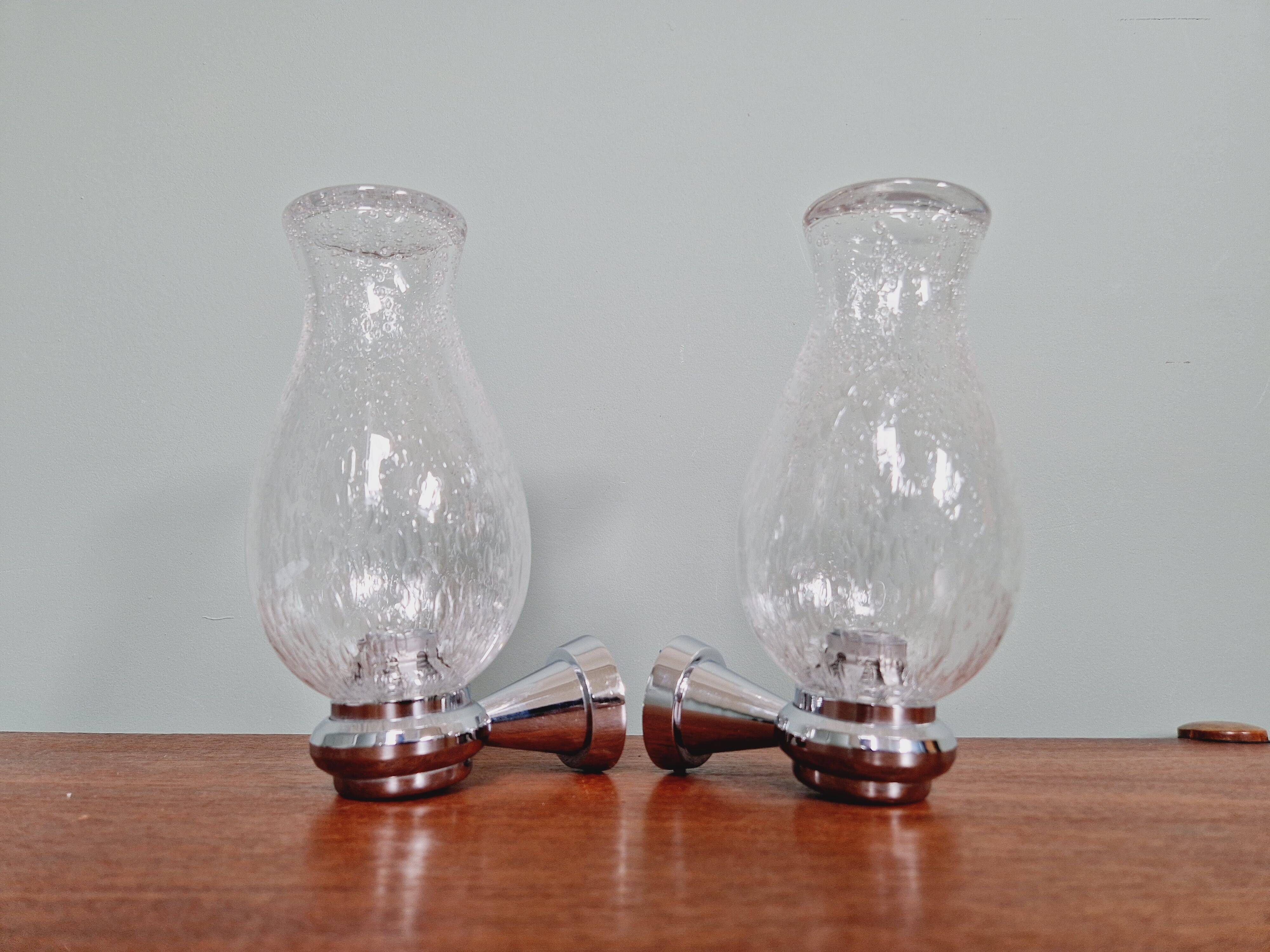 Pair of blown glass and chrome-plated metal wall lights, 1970s