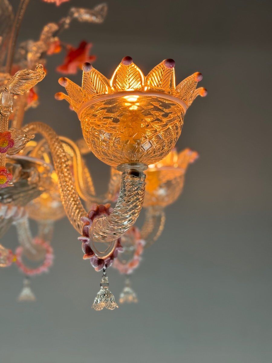Venetian chandelier in colorless and pink Murano glass, 6 light arms circa 1940