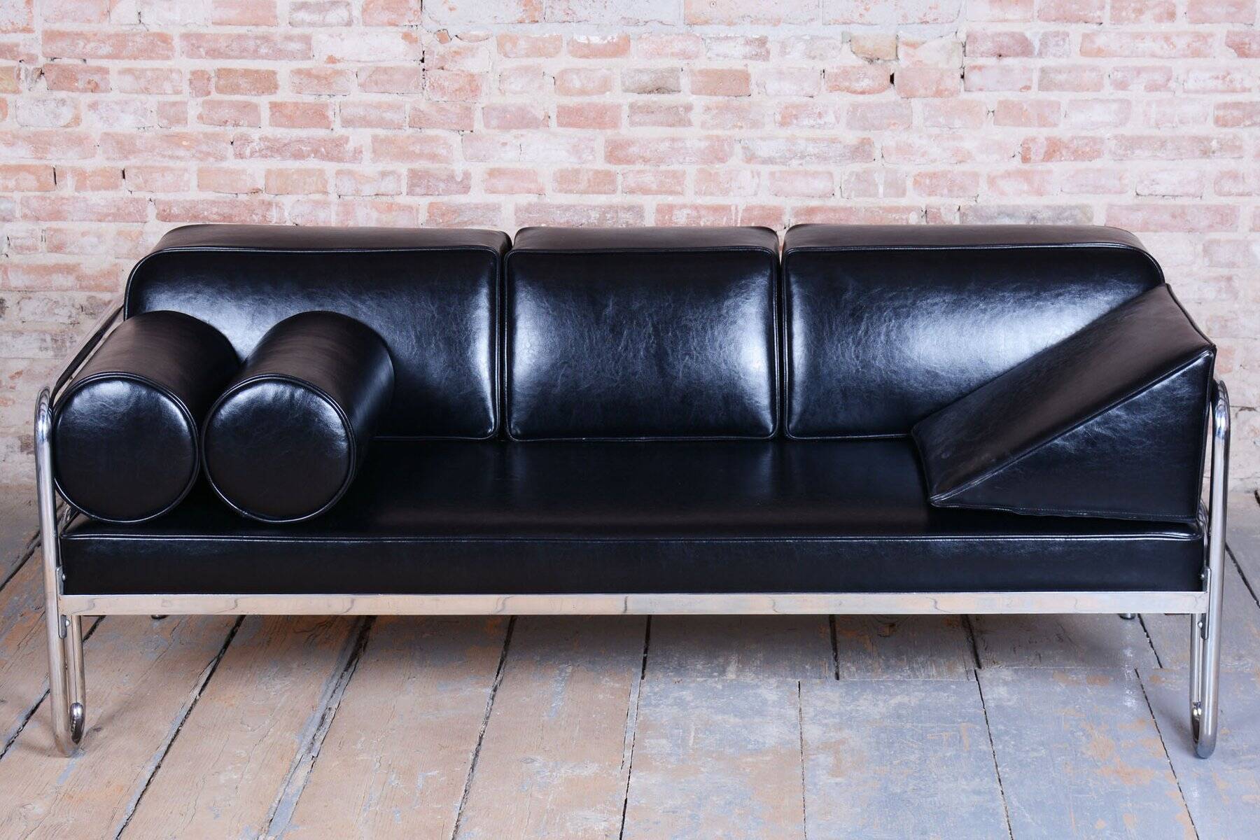 Sofa Bauhaus en acier chromé et cuir, tchèque, années 1930