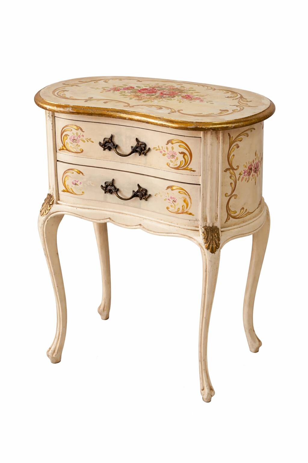 Curved bedside table painted with floral shabby decor – Louis XV style