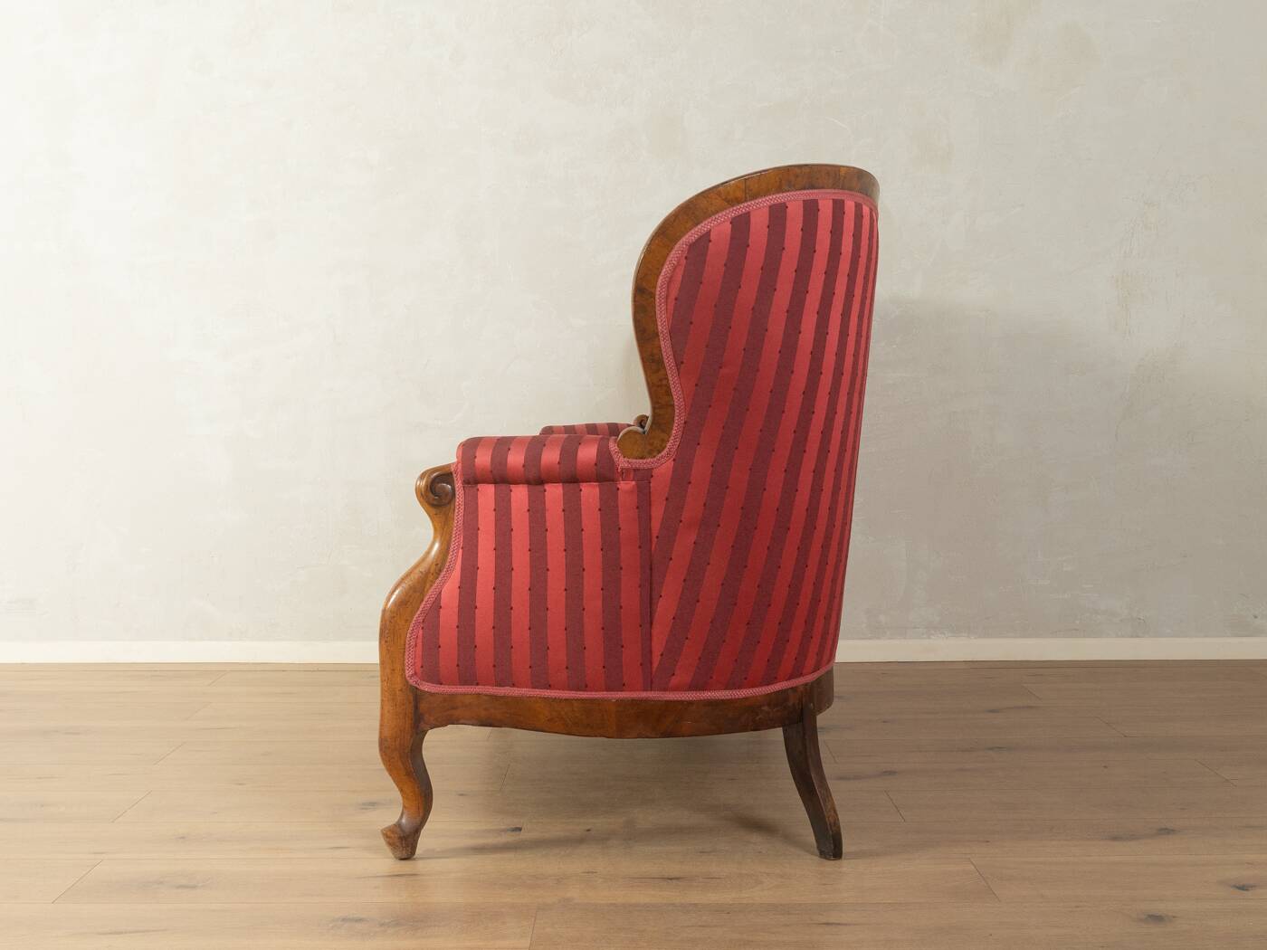 Biedermeier salon bench with raspberry red striped upholstery