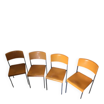 Set of 4 Lafargue L303 chairs in orange and stainless steel from the 1970s.
