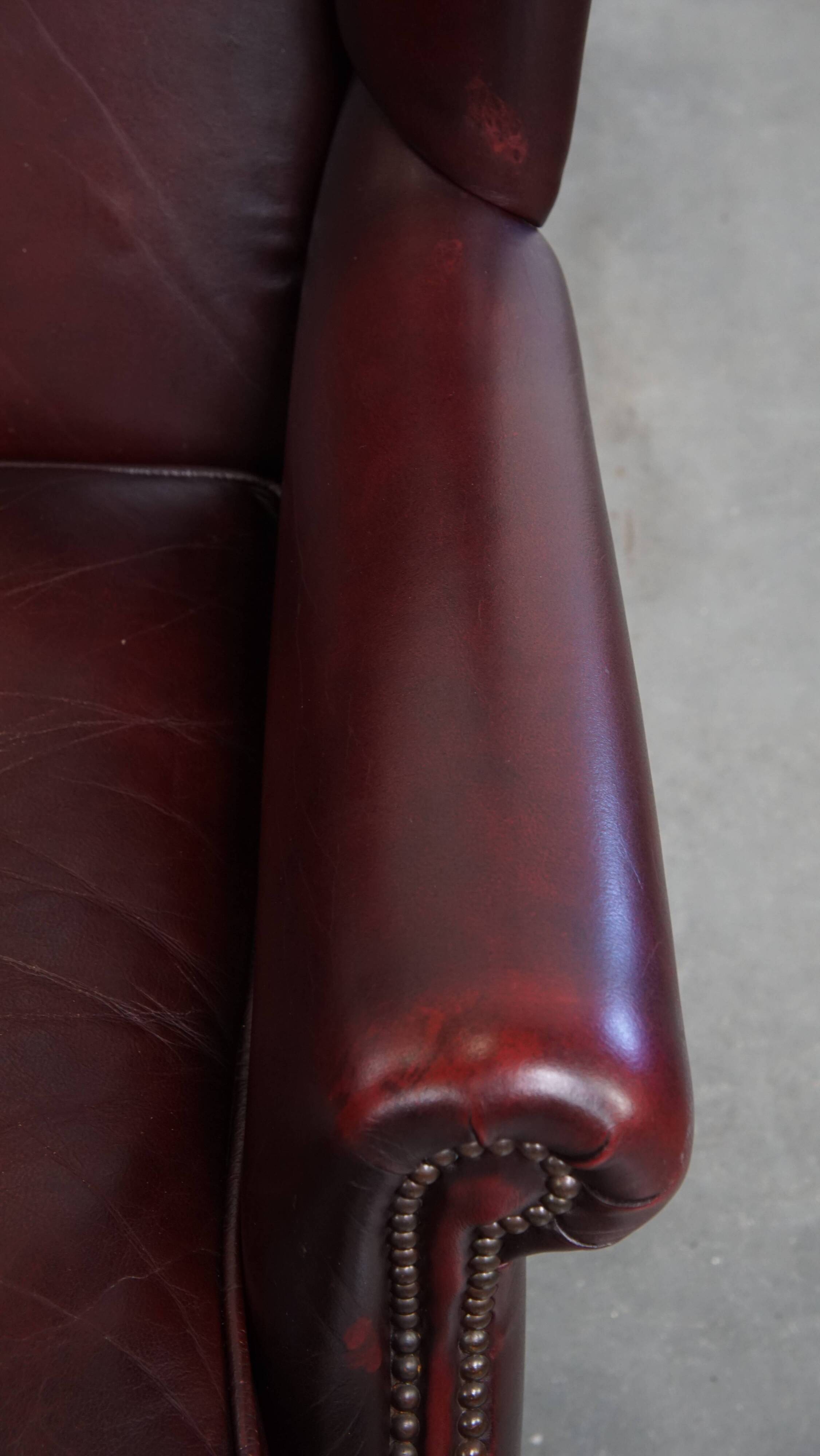 Bordeaux Red Cowhide Leather Wingback Chair in English Style