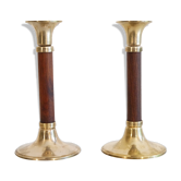 Pair of vintage Scandinavian candle holders in teak and brass 1960
