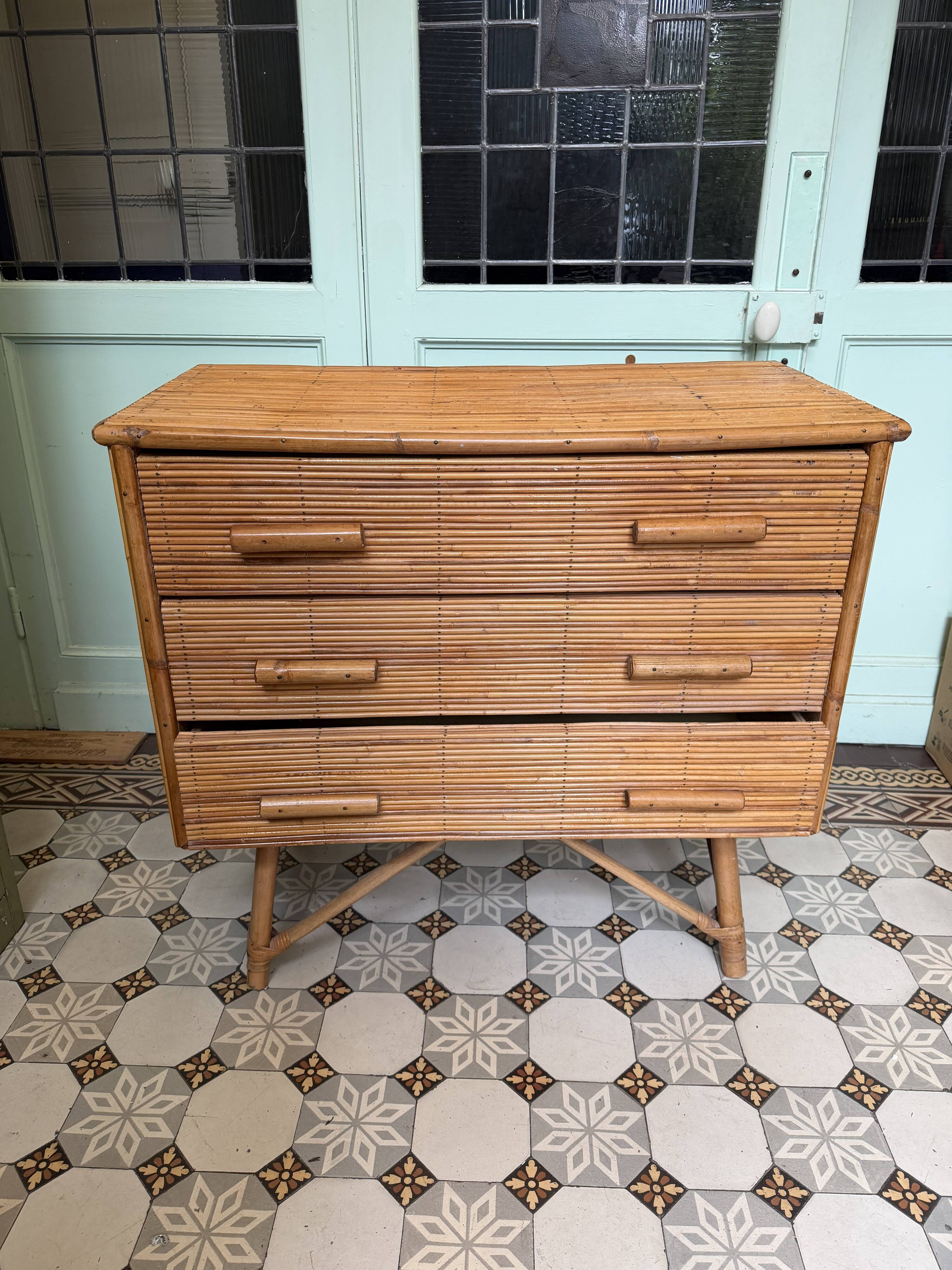 Commode 3 tiroirs bambou/rotin vintage