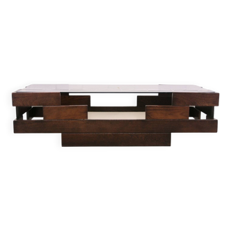 vintage wengé wooden table smoked glass