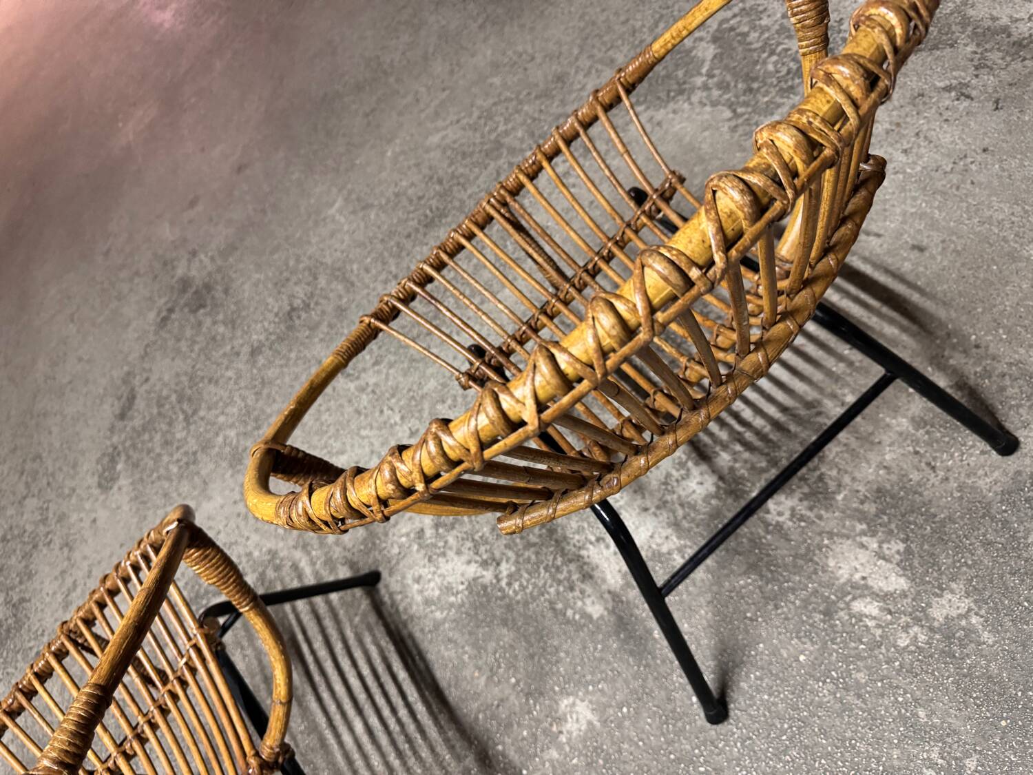 Set of 4 vintage 1950s/60s wicker rattan adult basket armchairs