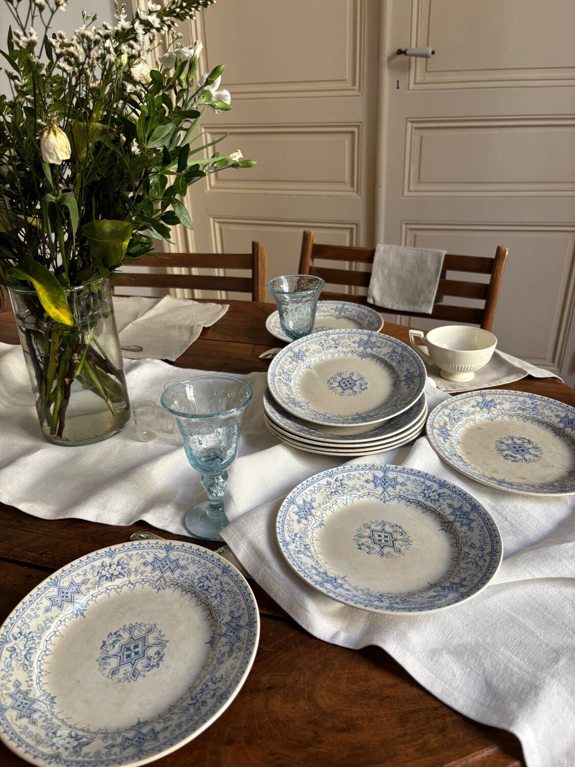 Set of 10 Sarreguemines “Balkan Blue” dessert plates / antique porcelain