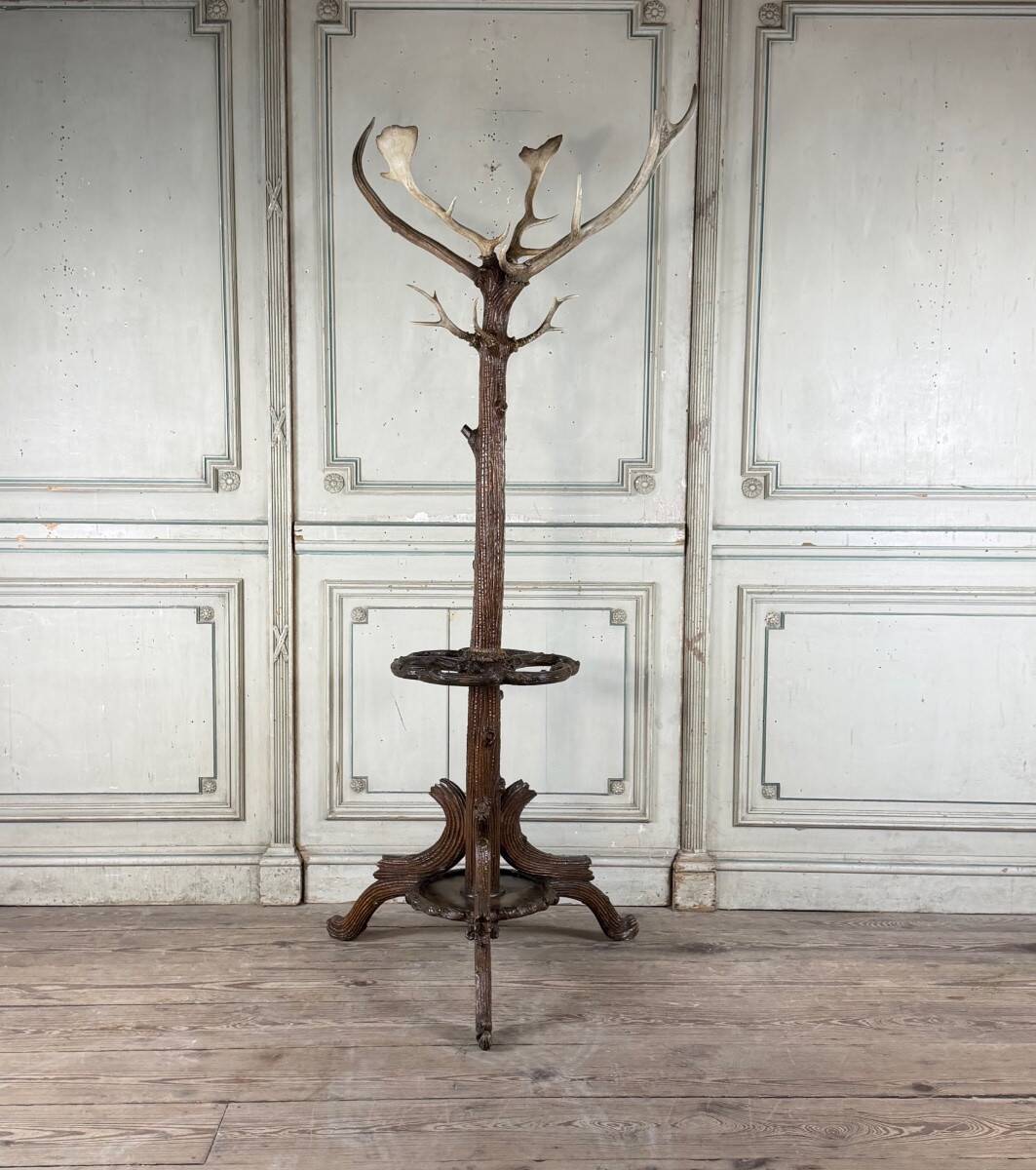 Carved wooden coat rack from the Black Forest, circa 1900.