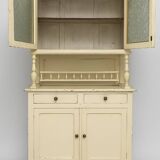 Buffet vaisselier ancien en bois massif - patine beige crème